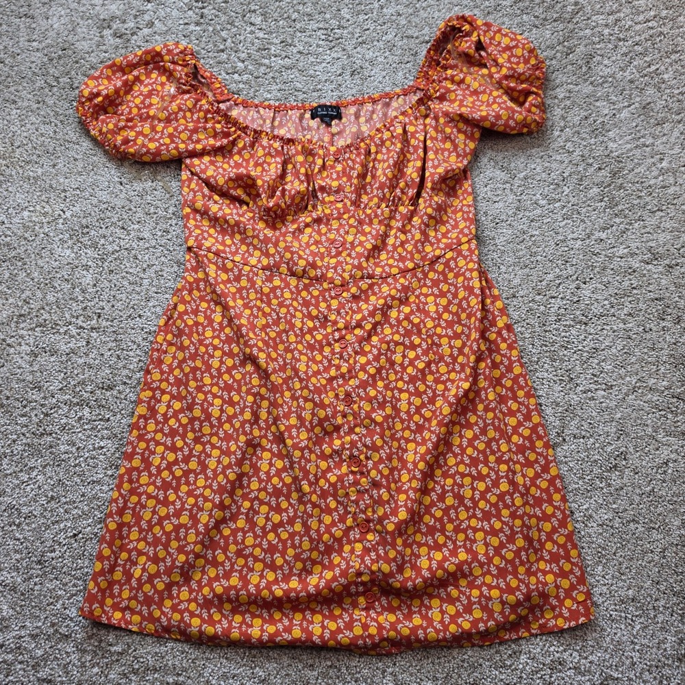 Trixxi Floral Milkmaid Dress Womens XL Orange Yellow Puff Sleeve Button Front